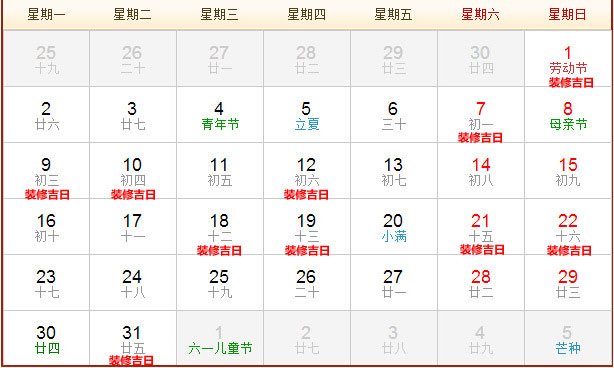 2016年5月裝修開工黃道吉日