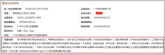 廣汽商貿公司營業(yè)范圍截圖