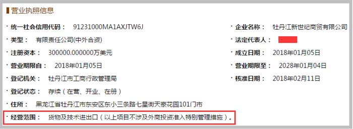 牡丹江新世紀商貿公司經營范圍截圖